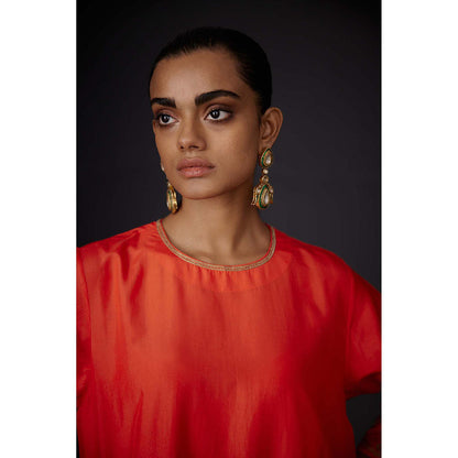 BRIH Scarlet Red Embroidered Kurta with Pant (Set of 2)