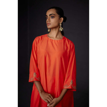 BRIH Scarlet Red Embroidered Kurta with Pant (Set of 2)