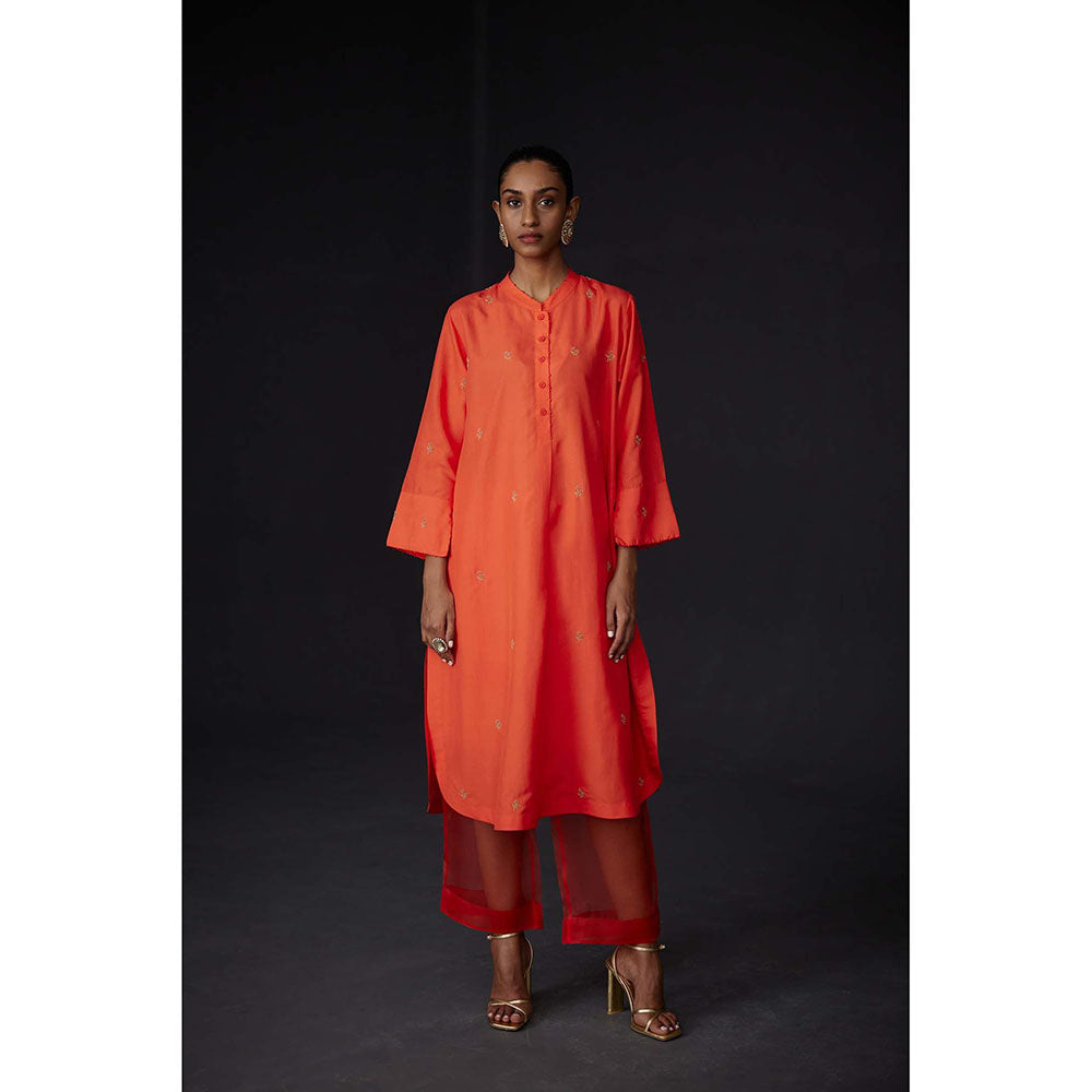 BRIH Scarlet Orange Embroidered Kurta with Pant (Set of 2)