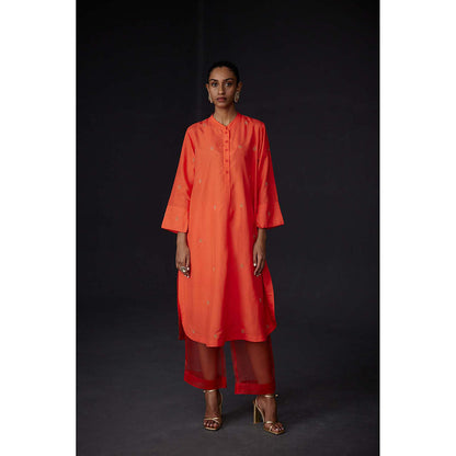 BRIH Scarlet Orange Embroidered Kurta with Pant (Set of 2)