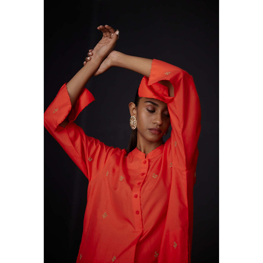 BRIH Scarlet Orange Embroidered Kurta with Pant (Set of 2)