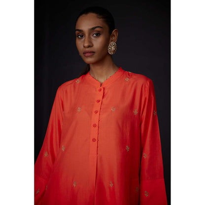 BRIH Scarlet Orange Embroidered Kurta with Pant (Set of 2)
