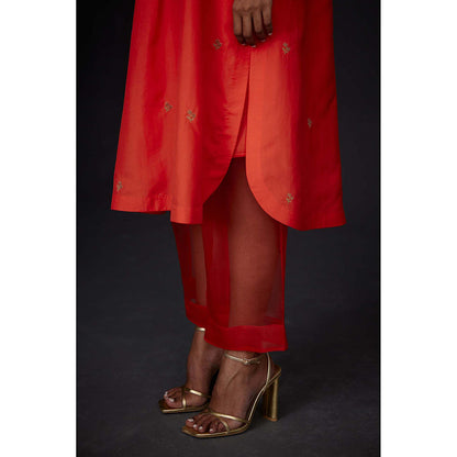 BRIH Scarlet Orange Embroidered Kurta with Pant (Set of 2)