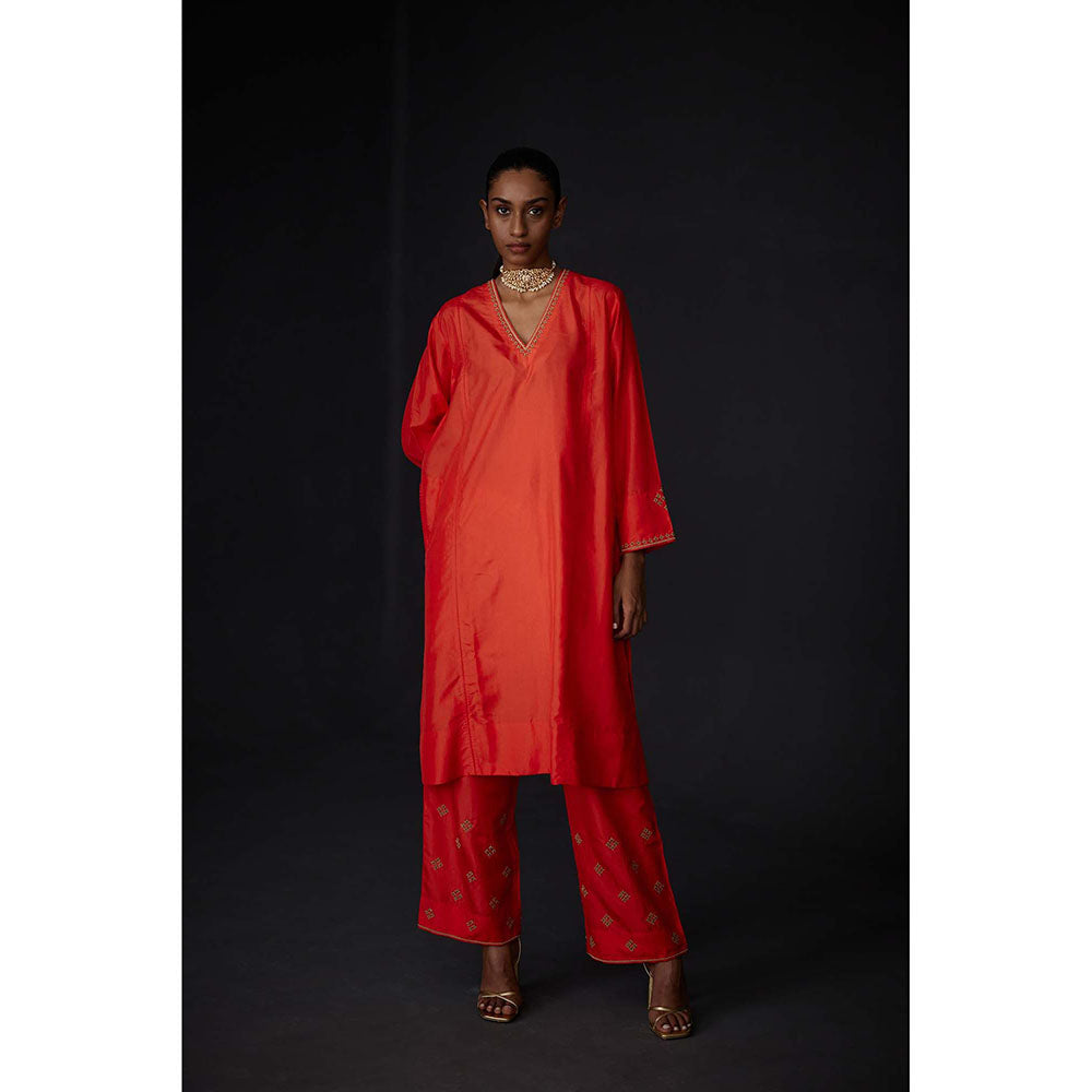 BRIH Scarlet Red Embroidered Kurta with Pant (Set of 2)