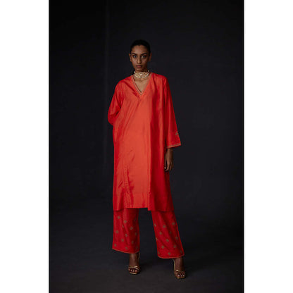 BRIH Scarlet Red Embroidered Kurta with Pant (Set of 2)