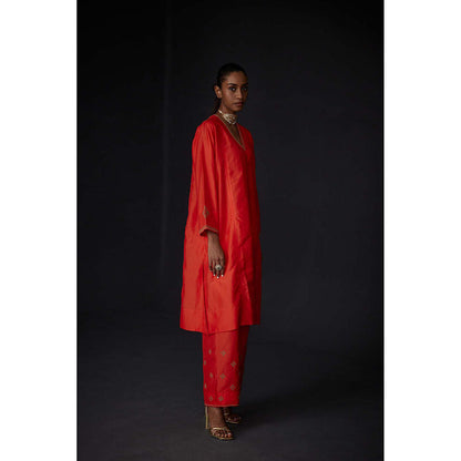 BRIH Scarlet Red Embroidered Kurta with Pant (Set of 2)