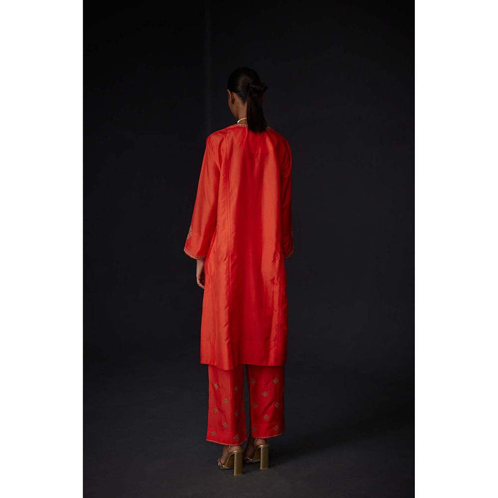 BRIH Scarlet Red Embroidered Kurta with Pant (Set of 2)