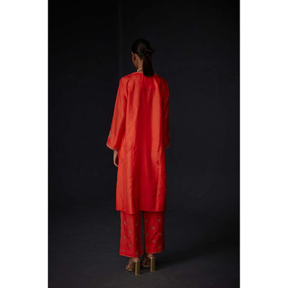 BRIH Scarlet Red Embroidered Kurta with Pant (Set of 2)