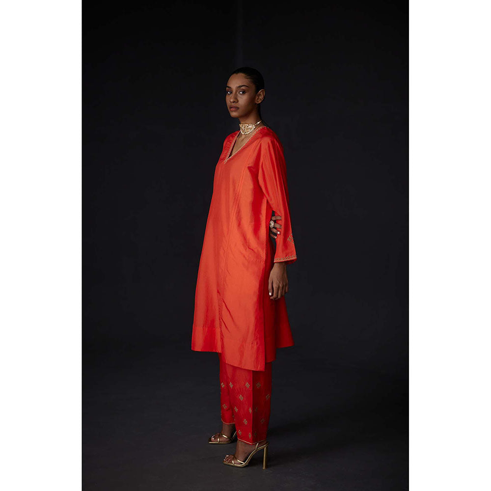 BRIH Scarlet Red Embroidered Kurta with Pant (Set of 2)