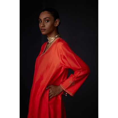 BRIH Scarlet Red Embroidered Kurta with Pant (Set of 2)