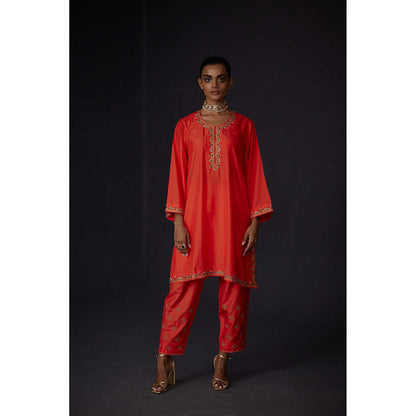 BRIH Scarlet Red Embroidered Kurta with Pant (Set of 2)