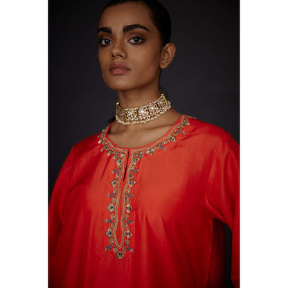 BRIH Scarlet Red Embroidered Kurta with Pant (Set of 2)