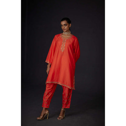 BRIH Scarlet Red Embroidered Kurta with Pant (Set of 2)