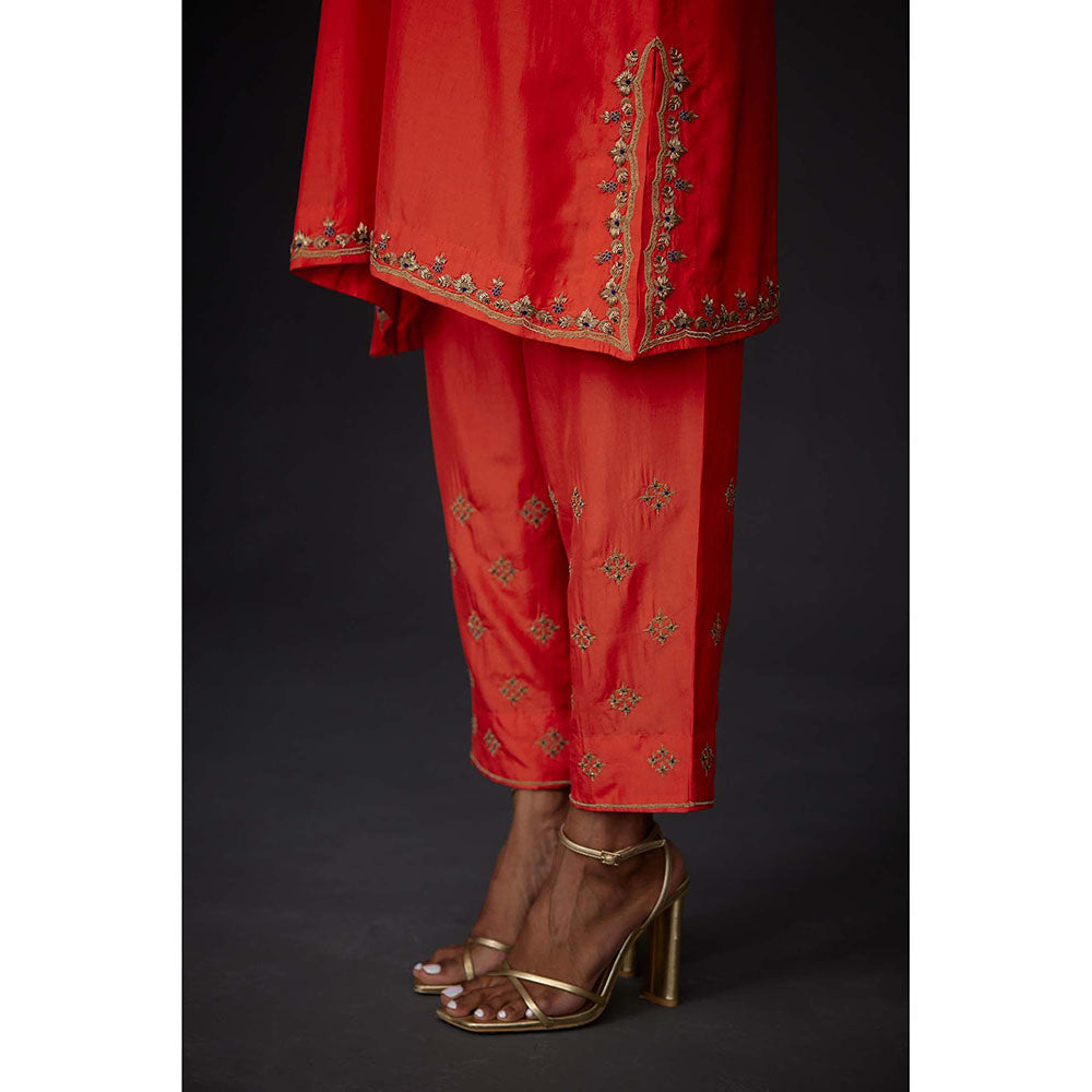 BRIH Scarlet Red Embroidered Kurta with Pant (Set of 2)