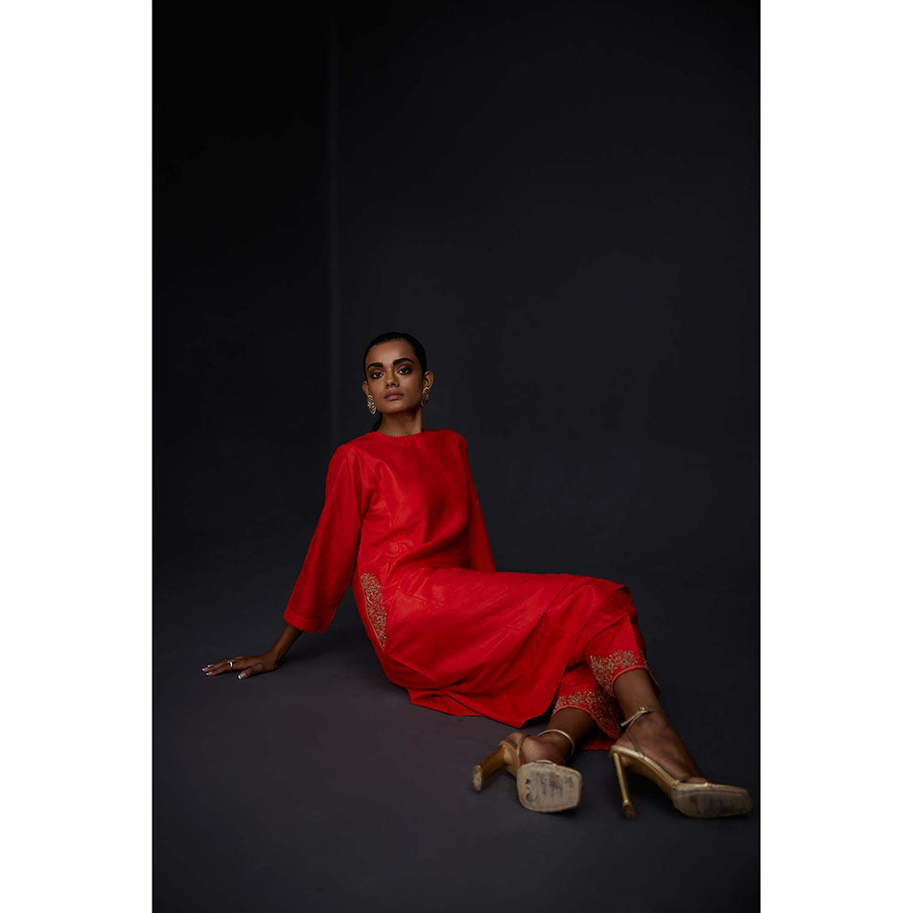 BRIH Scarlet Red Embroidered Kurta with Pant (Set of 2)