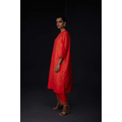 BRIH Scarlet Red Embroidered Kurta with Pant (Set of 2)