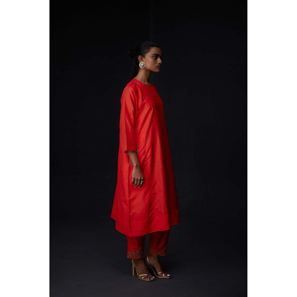 BRIH Scarlet Red Embroidered Kurta with Pant (Set of 2)