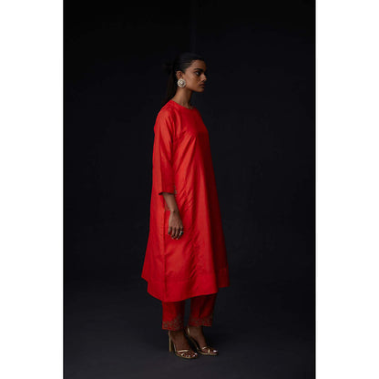 BRIH Scarlet Red Embroidered Kurta with Pant (Set of 2)