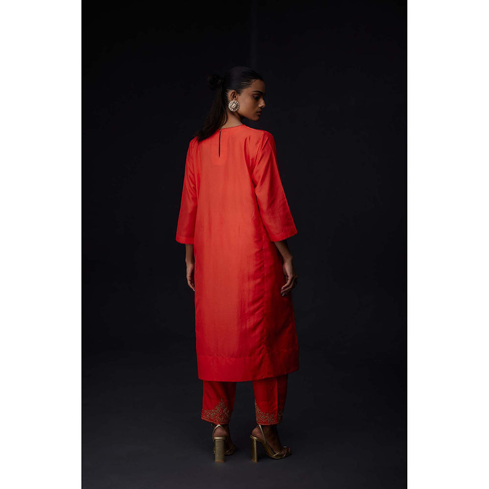 BRIH Scarlet Red Embroidered Kurta with Pant (Set of 2)