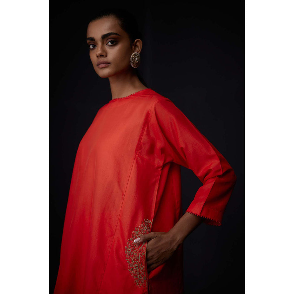 BRIH Scarlet Red Embroidered Kurta with Pant (Set of 2)