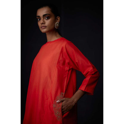 BRIH Scarlet Red Embroidered Kurta with Pant (Set of 2)