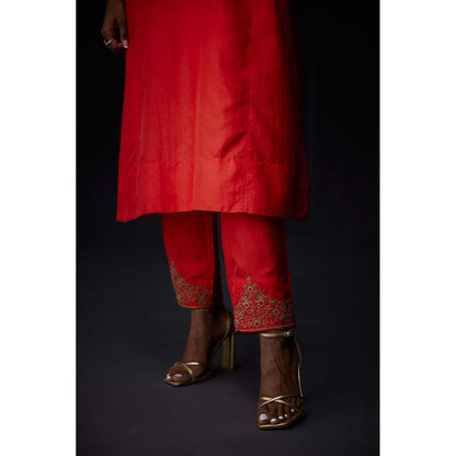 BRIH Scarlet Red Embroidered Kurta with Pant (Set of 2)