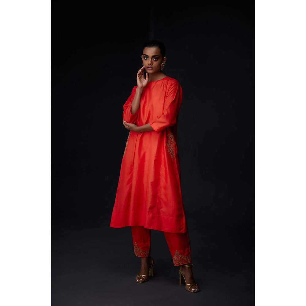 BRIH Scarlet Red Embroidered Kurta with Pant (Set of 2)