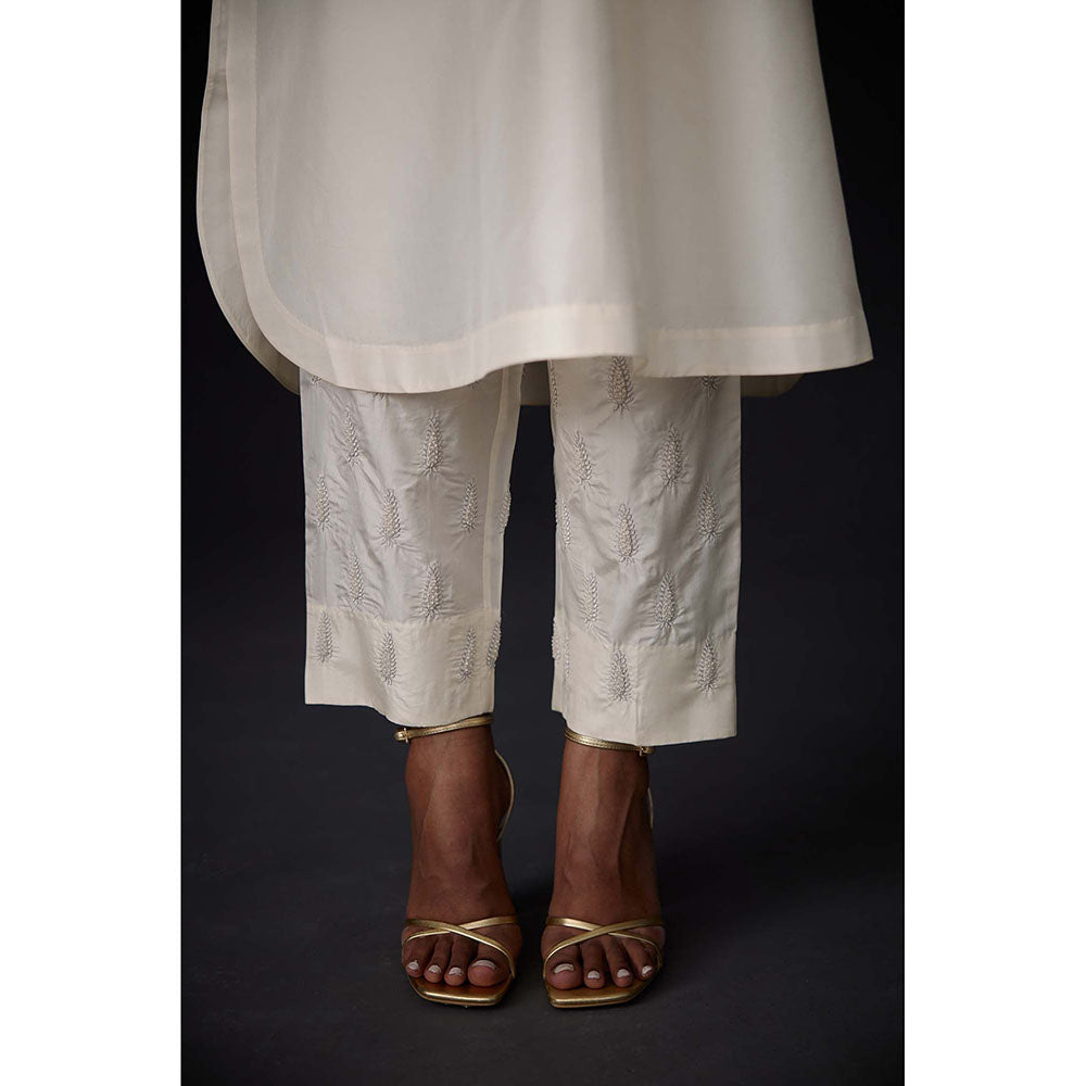 BRIH White Pearl Embroidered Kurta with Pant (Set of 2)