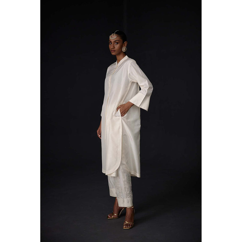 BRIH White Pearl Embroidered Kurta with Pant (Set of 2)