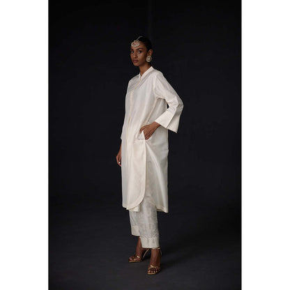 BRIH White Pearl Embroidered Kurta with Pant (Set of 2)