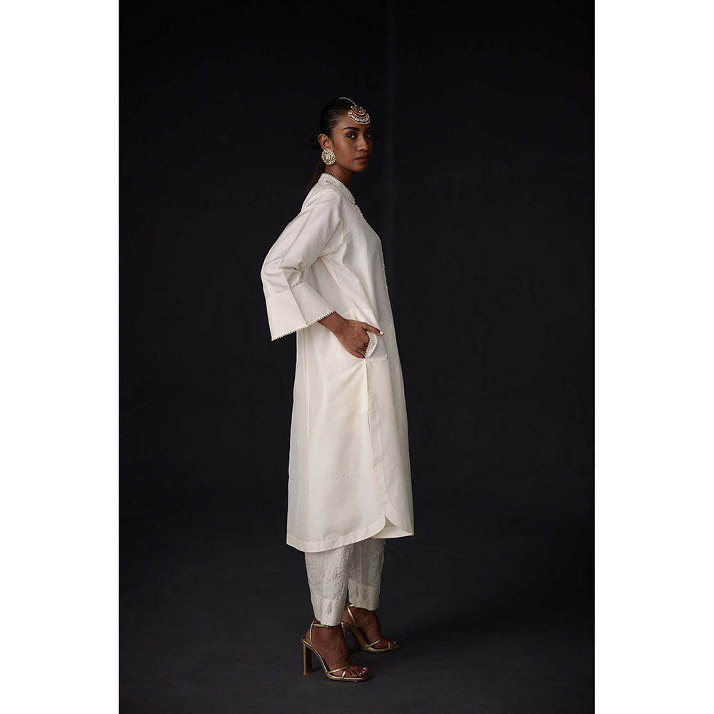 BRIH White Pearl Embroidered Kurta with Pant (Set of 2)