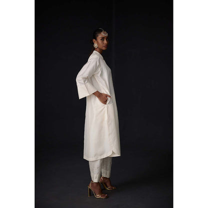 BRIH White Pearl Embroidered Kurta with Pant (Set of 2)