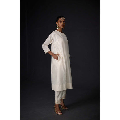 BRIH White Pearl Embroidered Kurta with Pant (Set of 2)