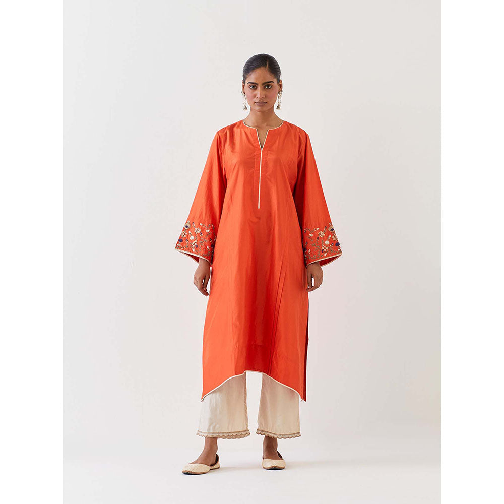 BRIH Rust Embroidered Kurta with Pant (Set of 2)