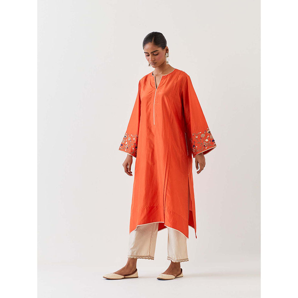 BRIH Rust Embroidered Kurta with Pant (Set of 2)