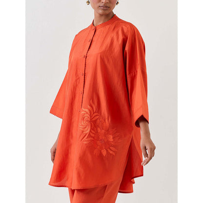 BRIH Rust Embroidered Kurta with Pant (Set of 2)