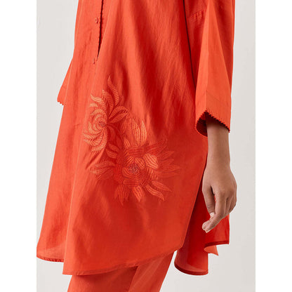 BRIH Rust Embroidered Kurta with Pant (Set of 2)