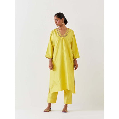 BRIH Lime Green Embroidered Kurta with Pant (Set of 2)