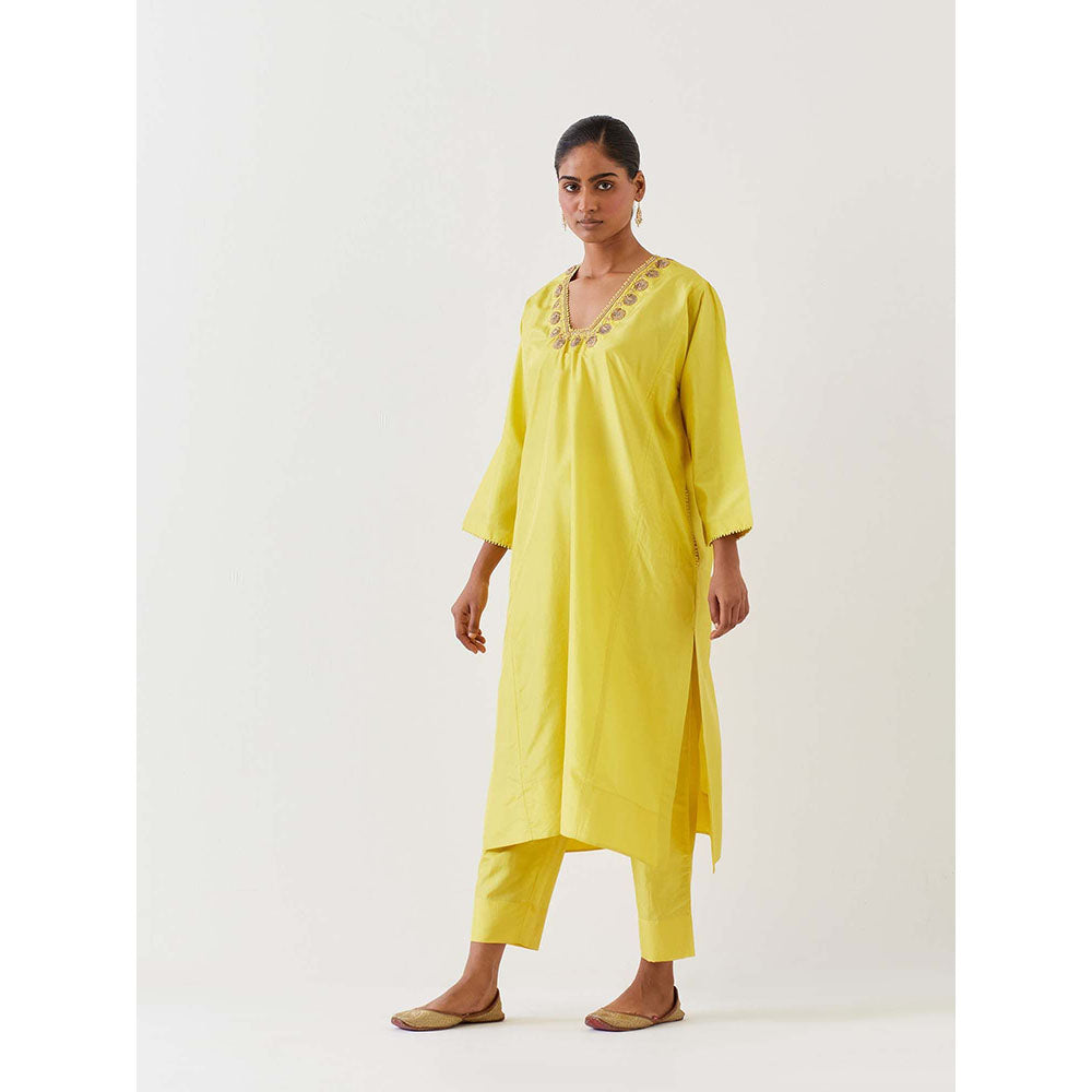 BRIH Lime Green Embroidered Kurta with Pant (Set of 2)