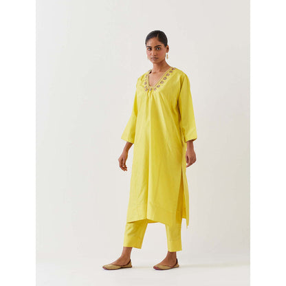 BRIH Lime Green Embroidered Kurta with Pant (Set of 2)