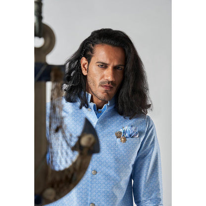Bubber Blu Benedict Sky Compass Rose Bandhi Light Blue Nehru Jacket