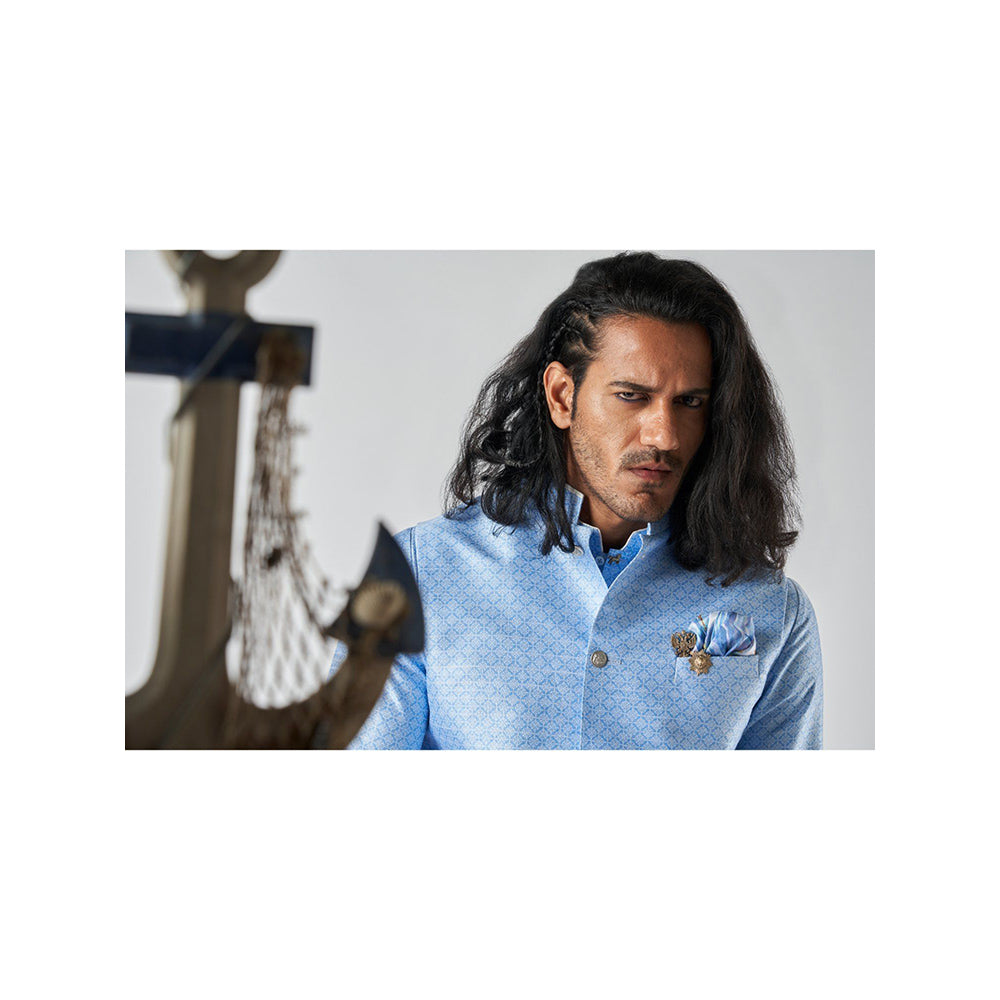 Bubber Blu Benedict Sky Compass Rose Bandhi Light Blue Nehru Jacket