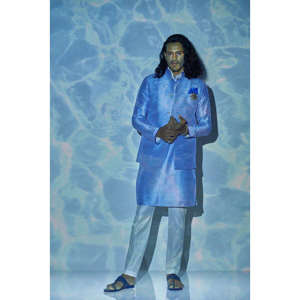 Bubber Blu Blumen White Cardina Bandhi Blue Nehru Jacket