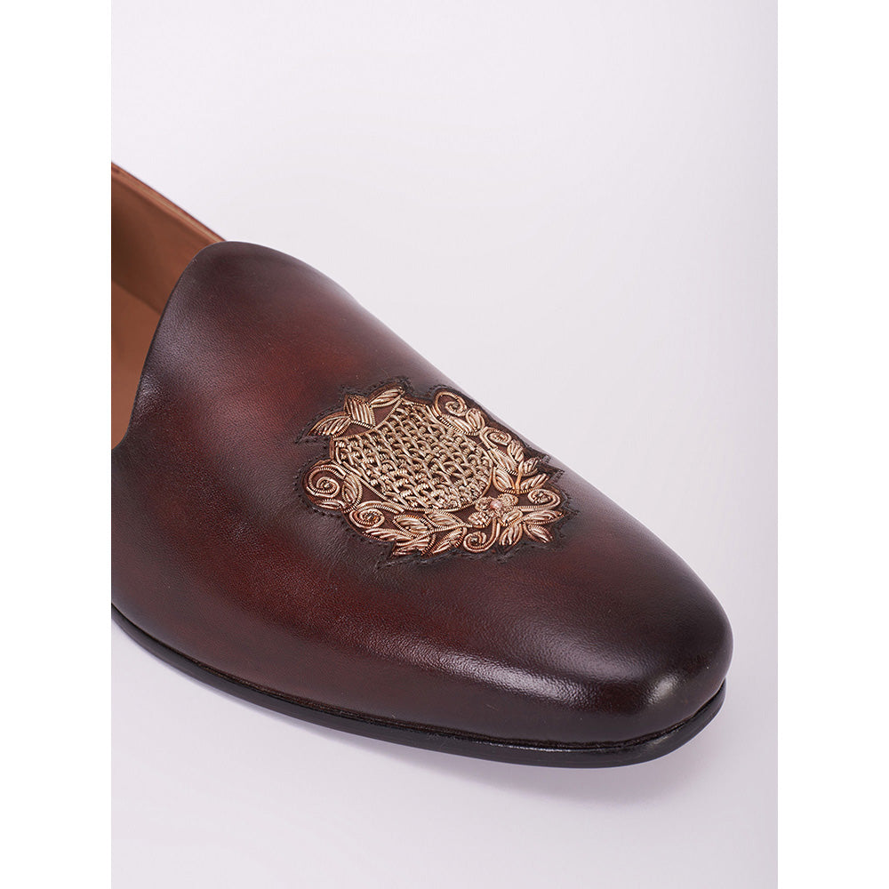 Bubber Couture Dark Brown And Gold Insignia Embroidered Italian Leather Mojaris