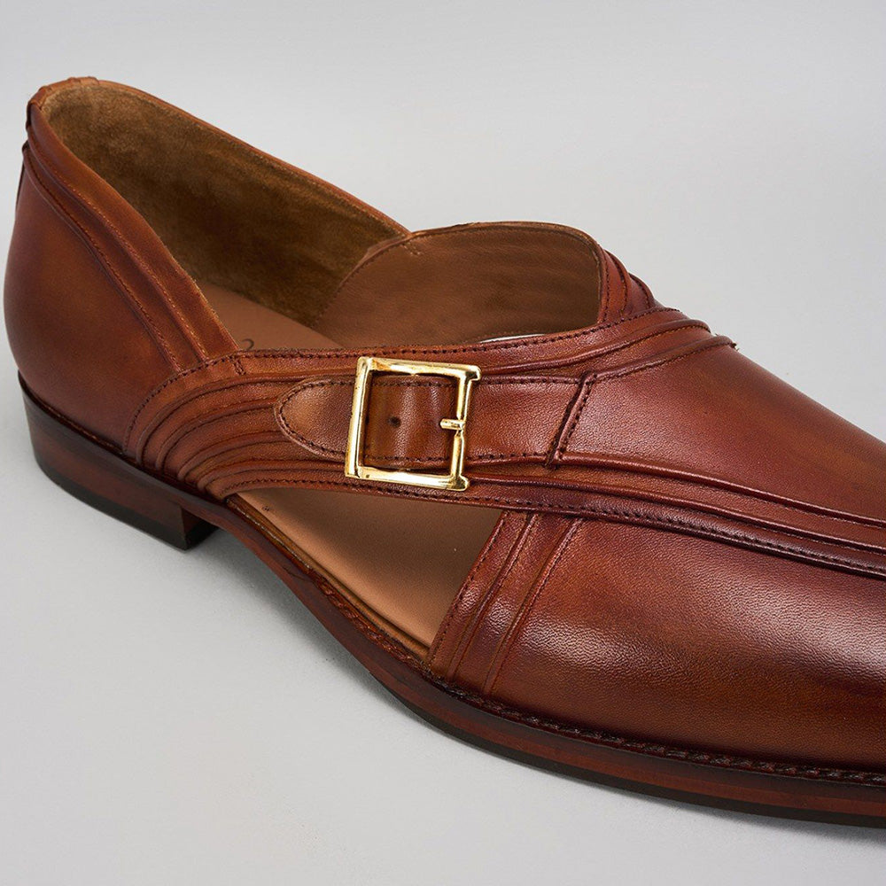 Bubber Couture Jacob Tan Pintucked Italian Leather Peshawari Sandals