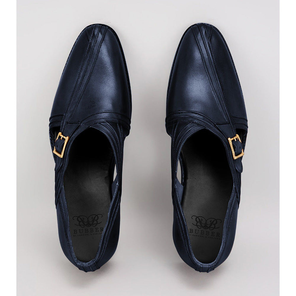 Bubber Couture Damon Navy Blue Pintucked Italian Leather Peshawari Sandals