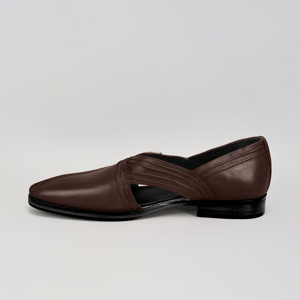 Bubber Couture Mane Brown Pintucked Italian Leather Peshawari Sandals