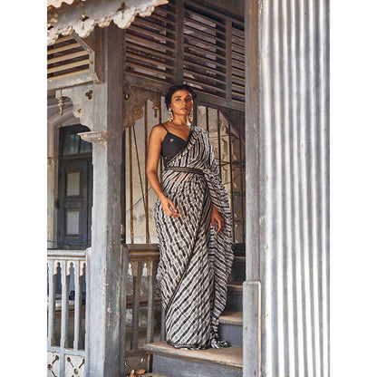 17 : 17 by Simmi Saboo Black Saree with Stitched Blouse and Belt