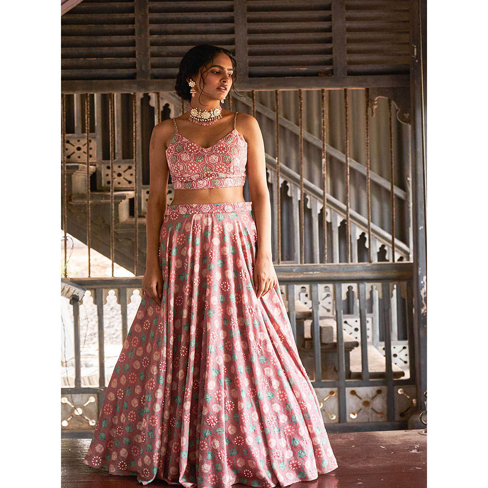 17 : 17 by Simmi Saboo Pink Heavy Bustier and Heavy Lehenga with Dupatta (Set of 3)