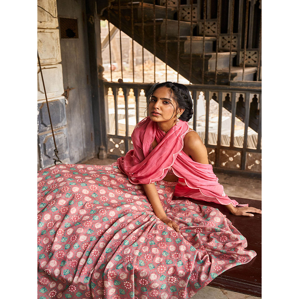 17 : 17 by Simmi Saboo Pink Heavy Bustier and Heavy Lehenga with Dupatta (Set of 3)